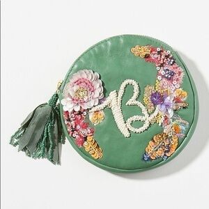 Leather  Monogram  "B” Embellished Clutch Pouch